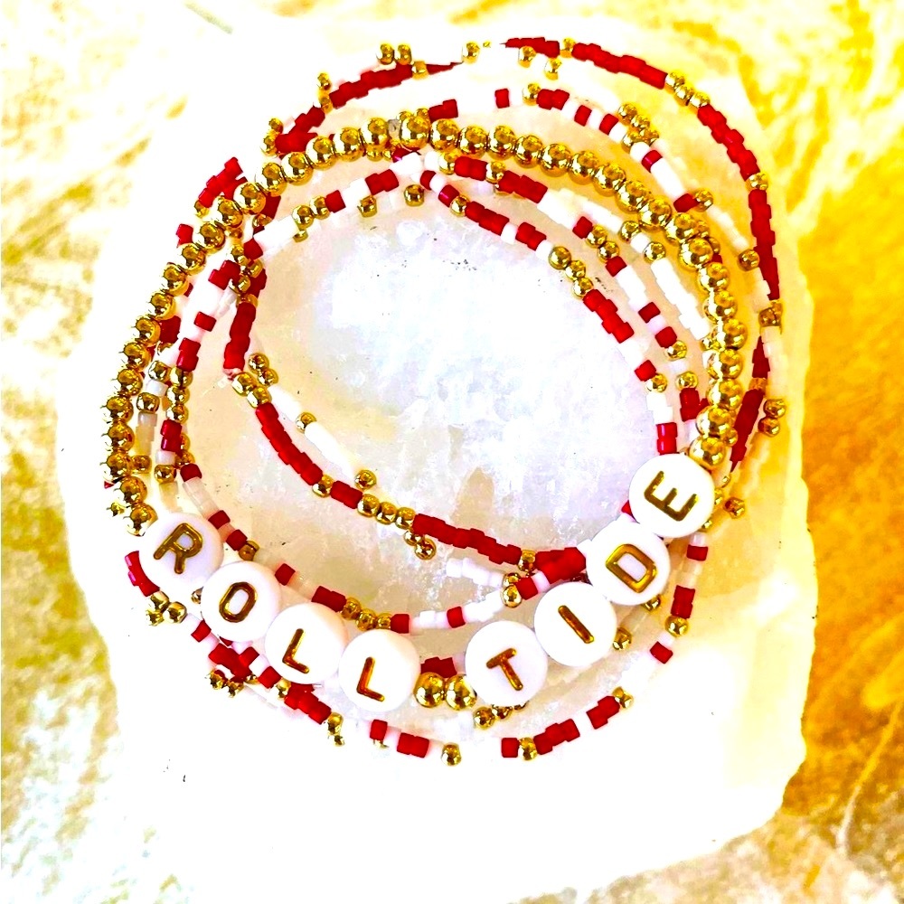 Set of 6 Alabama seed bead bracelets+ 14k gold filled stretch Roll Tide bracelet